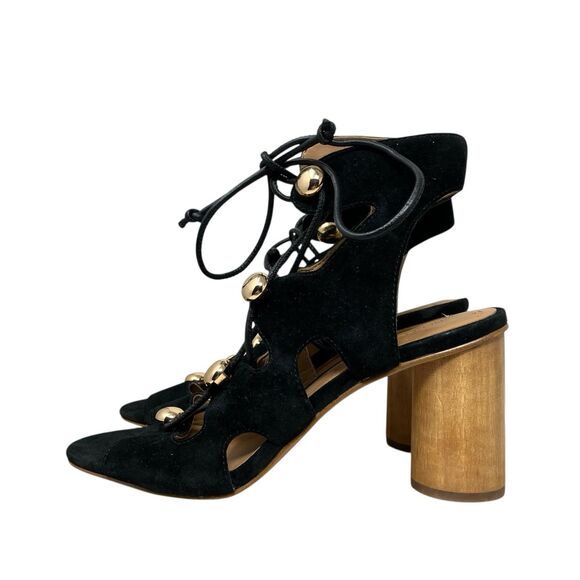 Rebecca Minkoff Black Suede Lace Up Open Heel Block Sandals Womens 6.5 - Picture 7 of 13